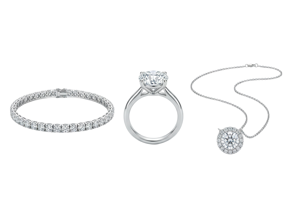 Curated gold necklaces, diamond earrings, and precious stone rings displayed at Blackthorn Gold showroom in Boca Raton